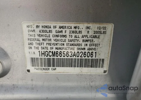 2003 Honda Accord Ex from USA, damaged, VIN 1HGCM66563A026061